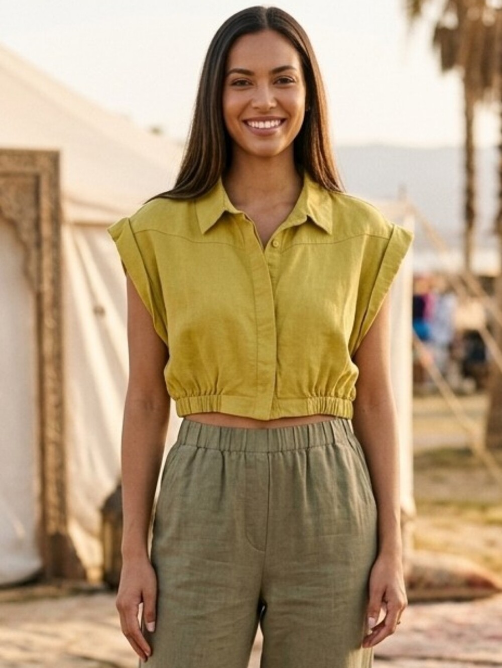AVEC LES FILLES Linen Blend Cropped Boxy Top lemongrass yellow Large